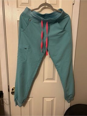 Figs Teal Jogger Pants with Pink Drawstring